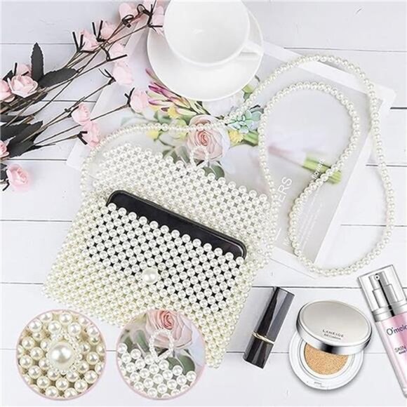 Handmade Pearl Beaded Clutch Purse Crossbody Shoulder Bag Wedding Evening - Picture 4 of 7